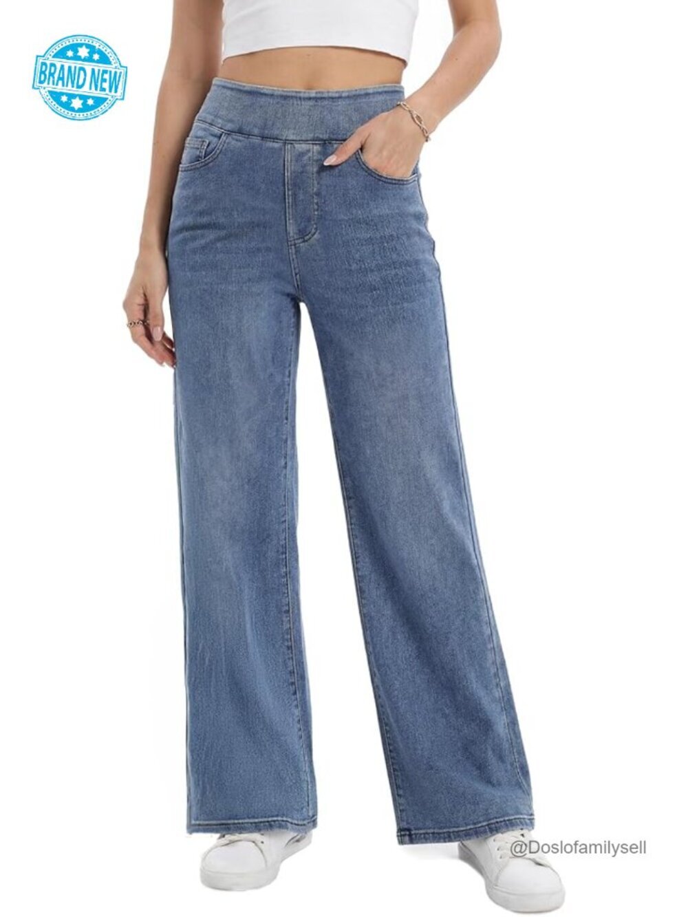 High Rise Wide Leg Pull On Stretchy Jeans with Elastic Waist Tummy Control